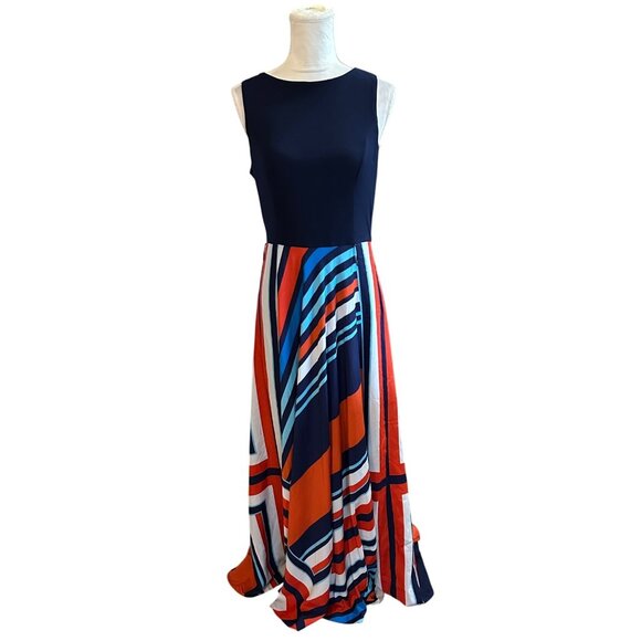 Eliza J Maxi Dress Women 12 Jersey Navy Red Geometric Flowy A-Line No SASH - Picture 2 of 9